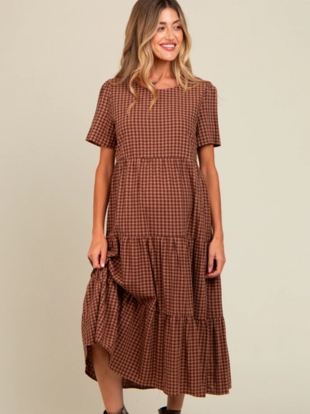 Maternity dress - brown gingham